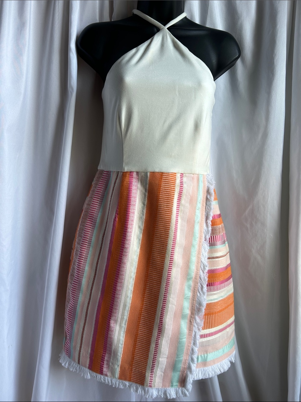 Hutch White Halter Mini Dress with Orange, Pink & Mint Striped Skirt - Picture 2 of 13